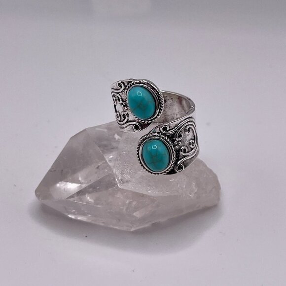 Boho Faux Turquoise Scroll Adjustable Spoon Ring #1312 - Picture 4 of 14